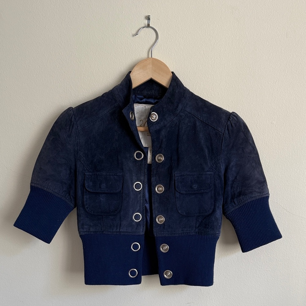 Guess Blue Leather Jacket Tailored Cropped Design